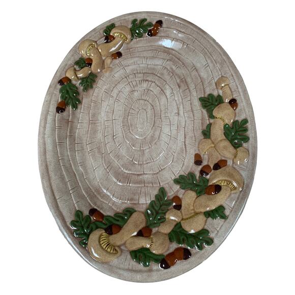 Vintage 1975 Ceramic Hand Painted Platter Mushrooms Acorns Leaves - Picture 2 of 9